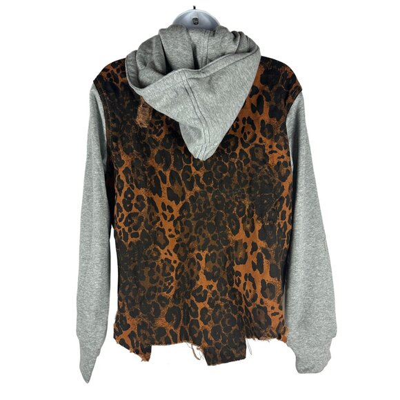 Leopard Print Denim Jacket With Gray Sleeves & Hood 100% Cotton Size S - Picture 2 of 5